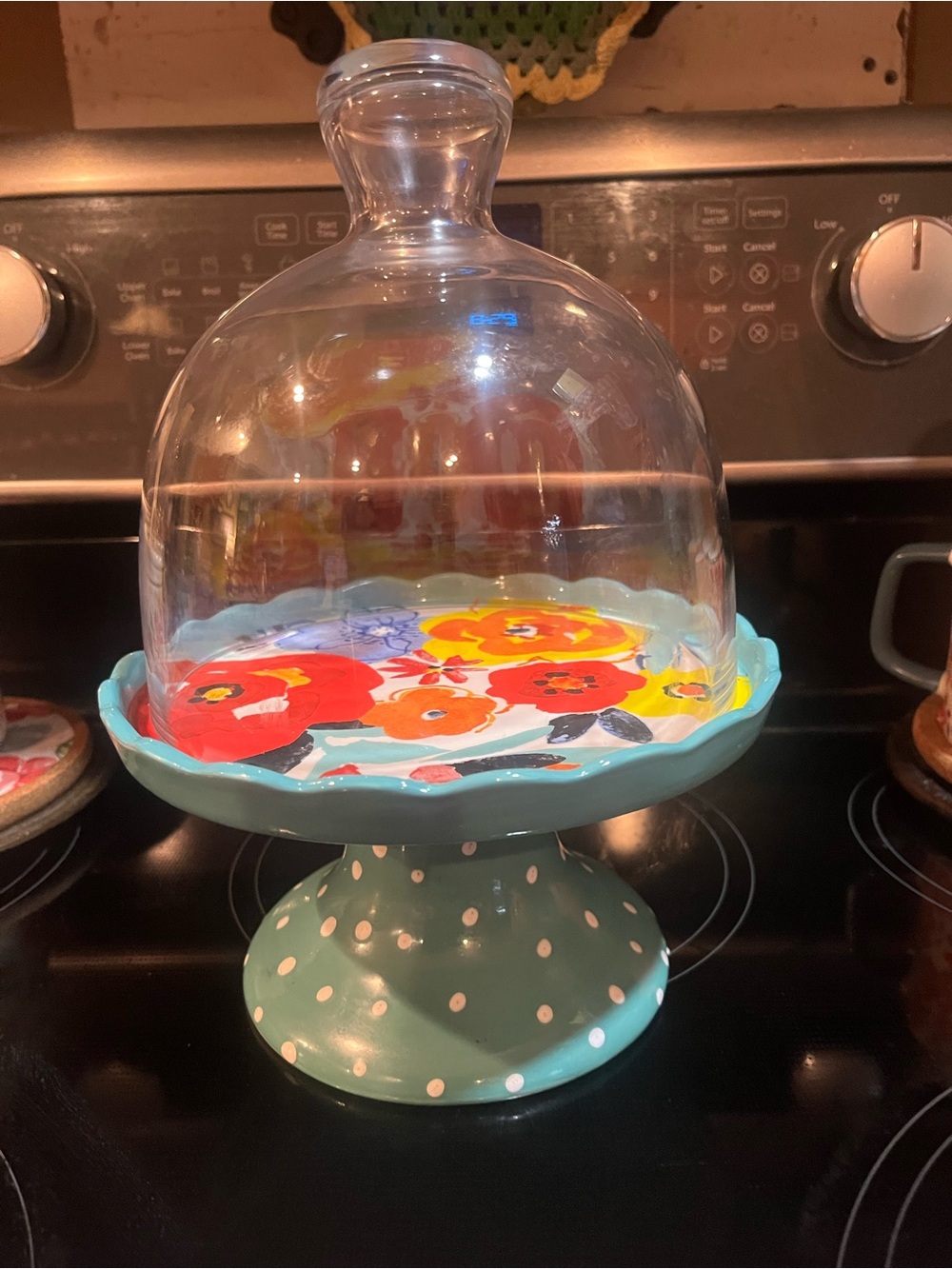 Glass Dome Cake Stand with Turquoise Polka Dot Base and Floral Plate